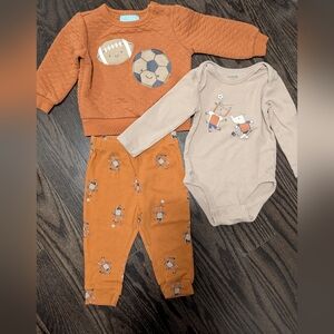 2/$35 Pekkle Baby Boy 3 Piece Outfit 12M Quilted Sweater Rhinos Sports Set